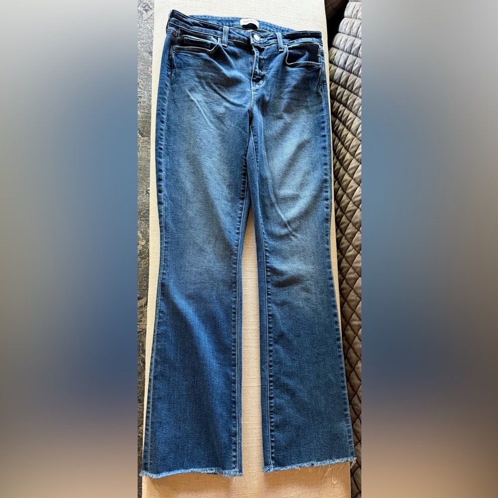 L'AGENCE Dark Blue Straight Leg Low rise Jeans with frayed hem